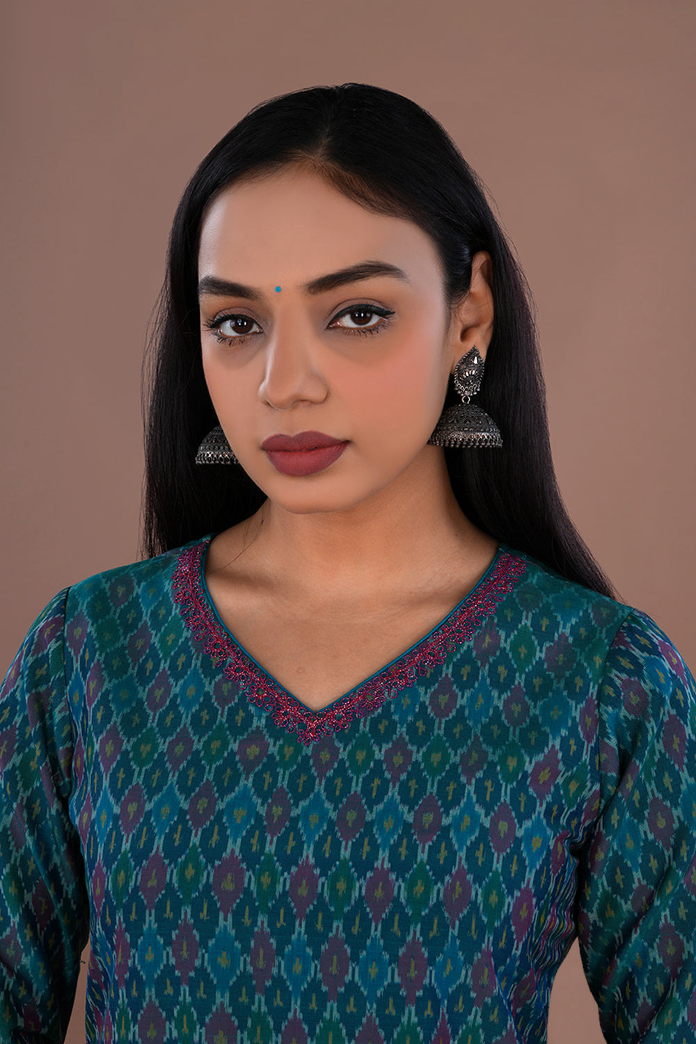 Image of Deep teal green Pochampally Silk Ikat kurti